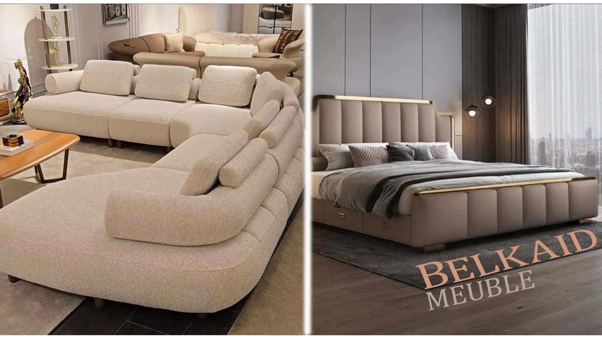 Salon et chambre aménagés avec du mobilier sur mesure
